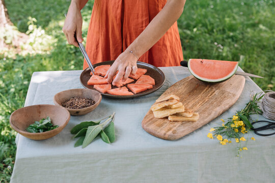 Anonymous Woman Finishing Watermelon Vegan Appetizer 