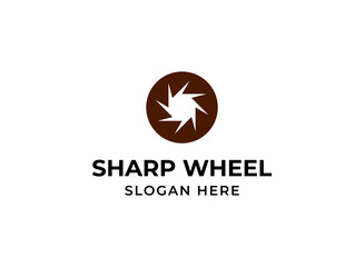 Saw abstract logo. Sharp wheel in circle logotype. Blade circular disc symbol for woodworking company