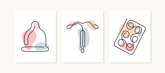Contraception methods cards. Continuous line vector illustration.