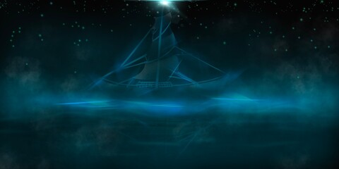 Boat ship with light at night dark side