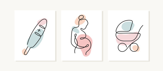 Pregnancy cards. Continuous line vector illustration. - obrazy, fototapety, plakaty