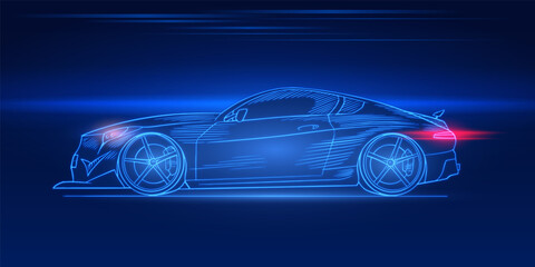 Obraz na płótnie Canvas Futuristic sport car. Neon concept. Glowing electric virtual control. Traffic on a road. Minimalistic Background for interface or logo, banner. Vector illustration. Side view.