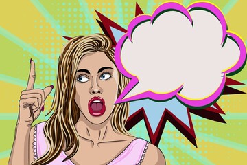 Pop Art cute girl with the speech or thought bubble. Club party invitation or birthday greeting card design with beautiful sexy lady. Vintage advertising poster with finger pointing surprised woman.