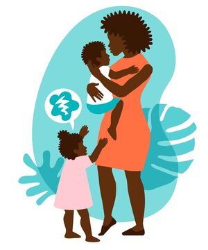 The Black Mom Of The Todler Twins Is Worried About The Jealousy Of The Children. The Relationship Of Brother And Sister. Family Care. Childhood Lifestyle Concept. Vector Isolated Illustration. 