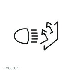 light reflection icon, anti ray from headlight car, mirror surface property, night or dark road safety, reflector glow material, thin line symbol - editable stroke vector illustration