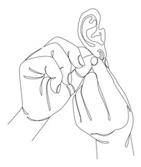 Lady's hands. The woman wears the earring in a modern style with one solid line and leaves. Sketches for decor, posters, stickers, logo. Vector illustration.