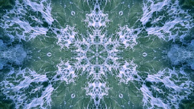 Waves mandala looping kaleidoscope sequence. Abstract motion graphics background. Sea textured effect, motion design. Amazing mosaic, symmetry concept.