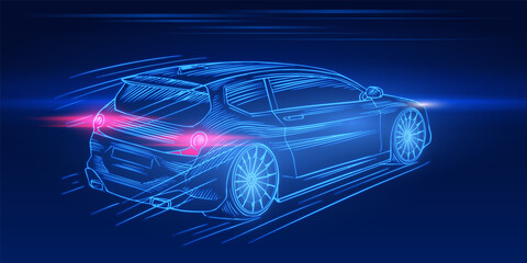 Futuristic sport car. Neon concept. Glowing electric virtual control. Traffic on a road. Minimalistic Background for interface or logo, banner. Vector illustration. Side view.