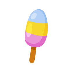 Ice cream on stick. Summer dessert. Multi-colored delicacy. Blue, yellow and pink glaze. Flat cartoon illustration