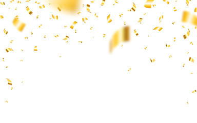 Confetti on white background. Realistic Christmas confetti. Falling yellow elements. Flying shiny tinsel. Anniversary template for greeting card or website. Vector illustration