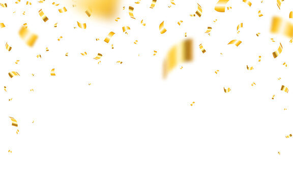 Confetti on white background. Realistic Christmas confetti. Falling yellow elements. Flying shiny tinsel. Anniversary template for greeting card or website. Vector illustration