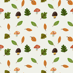 Seamless vector pattern in autumn colors with mushrooms, leaves, etc. Wallpaper, scrapbooking, textie and other surface design. 