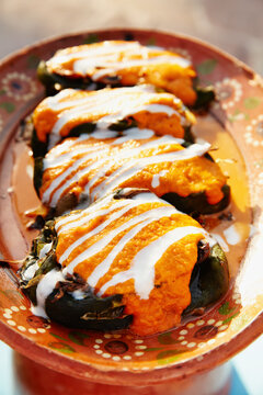 Chile relleno on Mexican pottery platter
