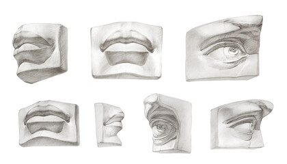 Set of hand drawn sculptures eyes and lips, academic studies, beauty, fashion, plastic surgery concept