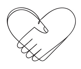 Heart of handshake as friendship and love icon. Continuous line art drawing. Hand drawn doodle vector illustration in a continuous line. Line art decorative design.