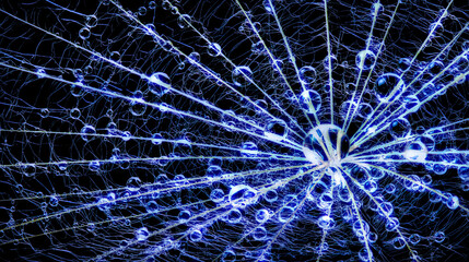 Macro view of water droplets on the pappus disk of a seed of Tragopogon dubius (Yellow Goat's Beard). Blue coloration added.