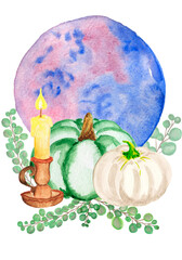 Autumn pumpkin  watercolor illustration,planets, moon, candle,Party Illustration isolated on white pumpkins  frame, head jack lanterns, Holiday concept  Watercolor hand drawn illustration, isolated .