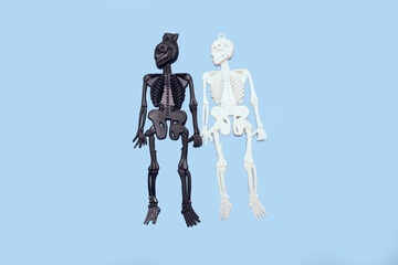 Two plastic skeletons, white and black, on a blue background. Halloween card