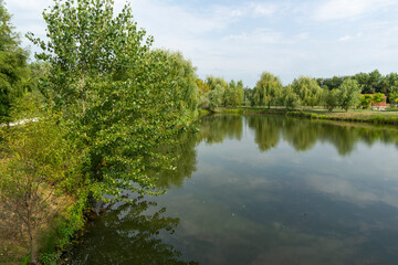Gandens and lake of Mogosoaia Palace near city of Bucharest, Romania