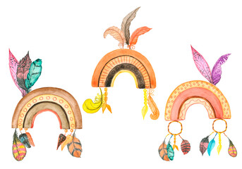 Obraz premium Watercolor Clipart rainbow, feather Boho style hand-drawn art decor. Baby shower party design. Set Illustrations Isolated on white background.