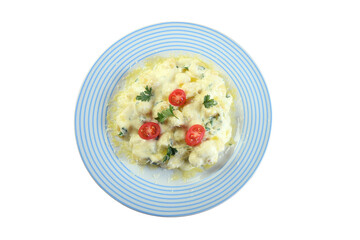 pasta in white sauce with parmesan cheese, tomato, basil, herbs, delicious food of Italian and French cuisine, isolated on white background.