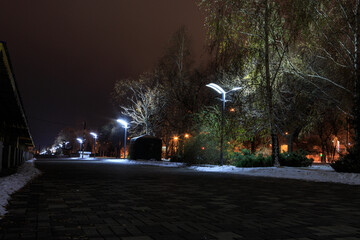 A number of lights on the embankment or on the bridge at night in winter