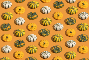 A pattern of autumn pumpkins on a yellow background. Minimal autumn concept