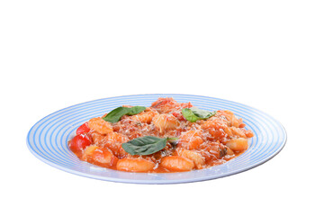 Pasta gnocchi in red sauce with parmesan cheese, tomato, basil, herbs, delicious food of Italian...