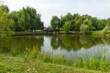 Gandens and lake of Mogosoaia Palace near city of Bucharest, Romania
