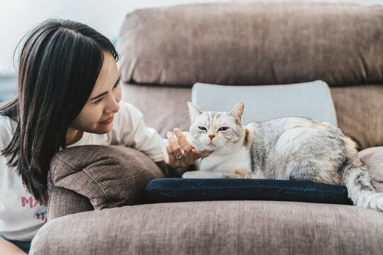 A woman petting her cat