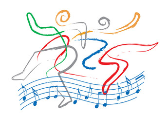 Lively dancing people, folk dance symbol  with music notes.
 Expressive, abstract  stylized illustration of dancing couple. Isolated on white background. Vector available.