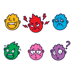 Round abstract face with different emotions. Happy, angry, questioning, scared, sorrow, falling in love emoji avatar. Cartoon style. Flat design vector illustration.