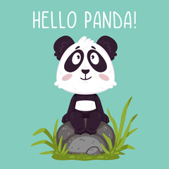 Cute panda bear sitting on the rock. Kawaii animal zoo vector. Illustration vector on pastel background. Design for nursery, kids, greeting card, print.