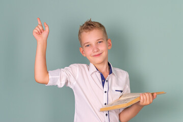 We return to school. Funny little boy with glasses pointing to the board. emotional Child from elementary school with books. Education.