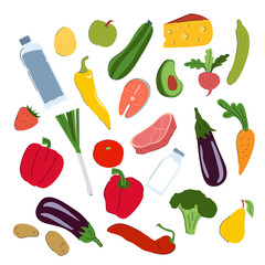 Healthy food. Vegetarianism and veganism. Vegetables, fruits, milk, meat, water. Weight control, diet. Set flat cartoon of food products on a white background.