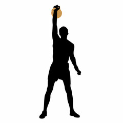 Silhouette of a weightlifter in a standing position with a kettlebell. Weight-lifting. Flat style. Training set. Isolated vector illustration.