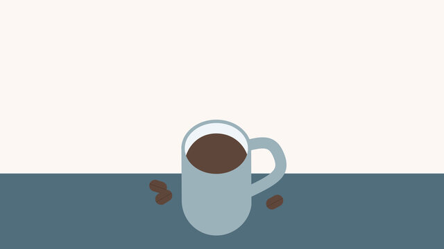 Vector illustration of a coffee cup with coffee beans scattered on the table.
