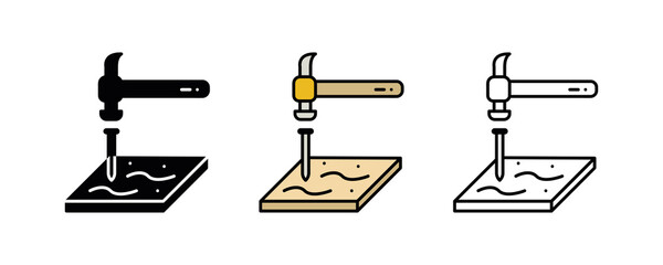 Nailing wood icon. Thin line icons of wood production process. Manufacturing icon set. Silhouette, colorful and linear set.