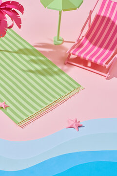 the beach scene in summer in paper craft style