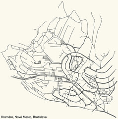 Detailed navigation urban street roads map on vintage beige background of the Bratislavan quarter Kramáre locality inside Nové Mesto borough of the Slovakian capital city of Bratislava, Slovakia