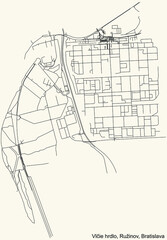 Detailed navigation urban street roads map on vintage beige background of the Bratislavan quarter Vlčie hrdlo locality inside Ružinov borough of the Slovakian capital city of Bratislava, Slovakia