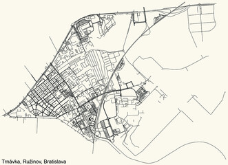 Detailed navigation urban street roads map on vintage beige background of the Bratislavan quarter Trnávka locality inside Ružinov borough of the Slovakian capital city of Bratislava, Slovakia