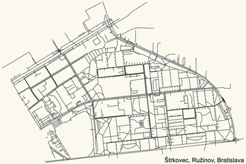 Detailed navigation urban street roads map on vintage beige background of the Bratislavan quarter Štrkovec locality inside Ružinov borough of the Slovakian capital city of Bratislava, Slovakia