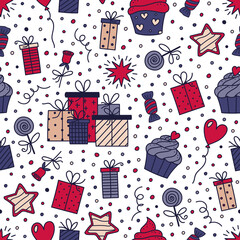 Holiday vector doodle seamless pattern. Gifts, Sweets, Heart shape Balloon. Christmas, Birthday, Valentines Day presents, Party decoration. Festive background for textile print, wrapping, gift paper