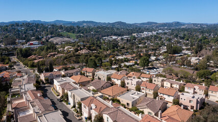 Fototapeta na wymiar Daytime aerial skyline view of the Woodland Hills area of Los Angeles, California, USA.