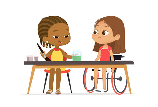 Two diverse schoolgirl in uniform talking at geography lesson studying at multiracial inclusive school vector flat illustration. Girl in wheelchair communicating to classmate learning at classroom