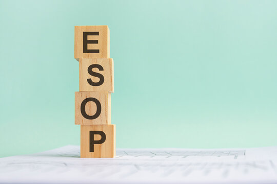 word ESOP with wood building blocks, light gray background. document with numbers on background, business concept. space for text in right. front view.
