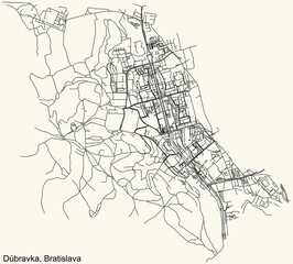 Detailed navigation urban street roads map on vintage beige background of the Bratislavan quarter Dúbravka borough of the Slovakian capital city of Bratislava, Slovakia