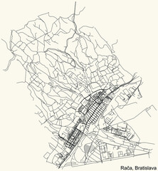 Detailed navigation urban street roads map on vintage beige background of the Bratislavan quarter Rača borough of the Slovakian capital city of Bratislava, Slovakia