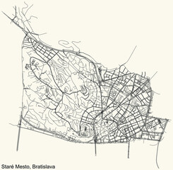 Detailed navigation urban street roads map on vintage beige background of the Bratislavan quarter Staré Mesto borough of the Slovakian capital city of Bratislava, Slovakia